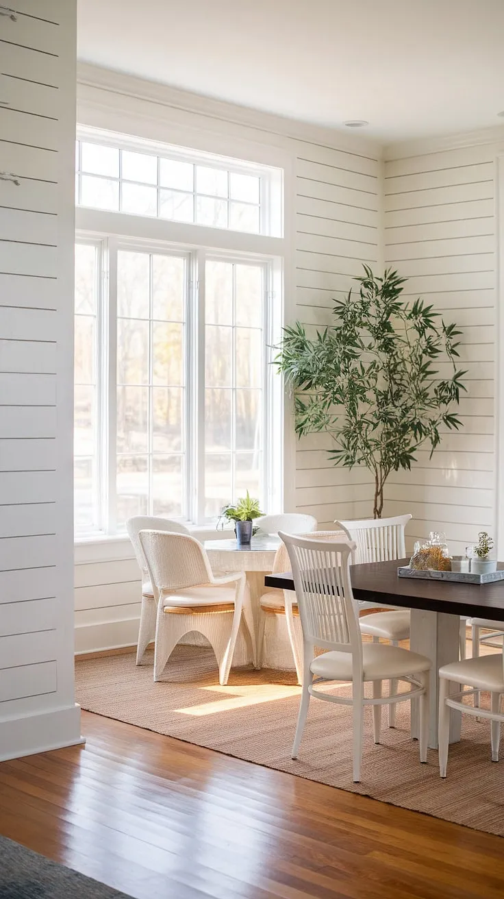 House goals achieved! This sunroom dining area boasts stunning sunroom designs, featuring shiplap walls, hardwood floors, and a gorgeous transitional decor aesthetic.  The large window and transom above flood the sunroom dining room with natural light, making it the perfect spot for sunroom dining.  Get inspired by these sunroom dining room ideas for your own kitchen sunroom transformation.  Sunrooms don't get much better than this.