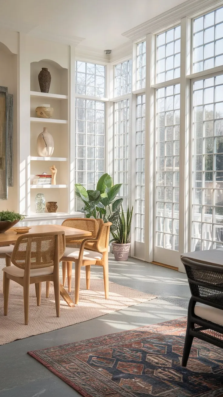 Sunlight streams into this dreamy kitchen sunroom, perfectly showcasing transitional decor and inspiring sunroom dining room ideas.  The built-in shelves and cozy dining area make it the ultimate sunroom dining space, a true testament to beautiful sunroom designs and a definite house goals addition.