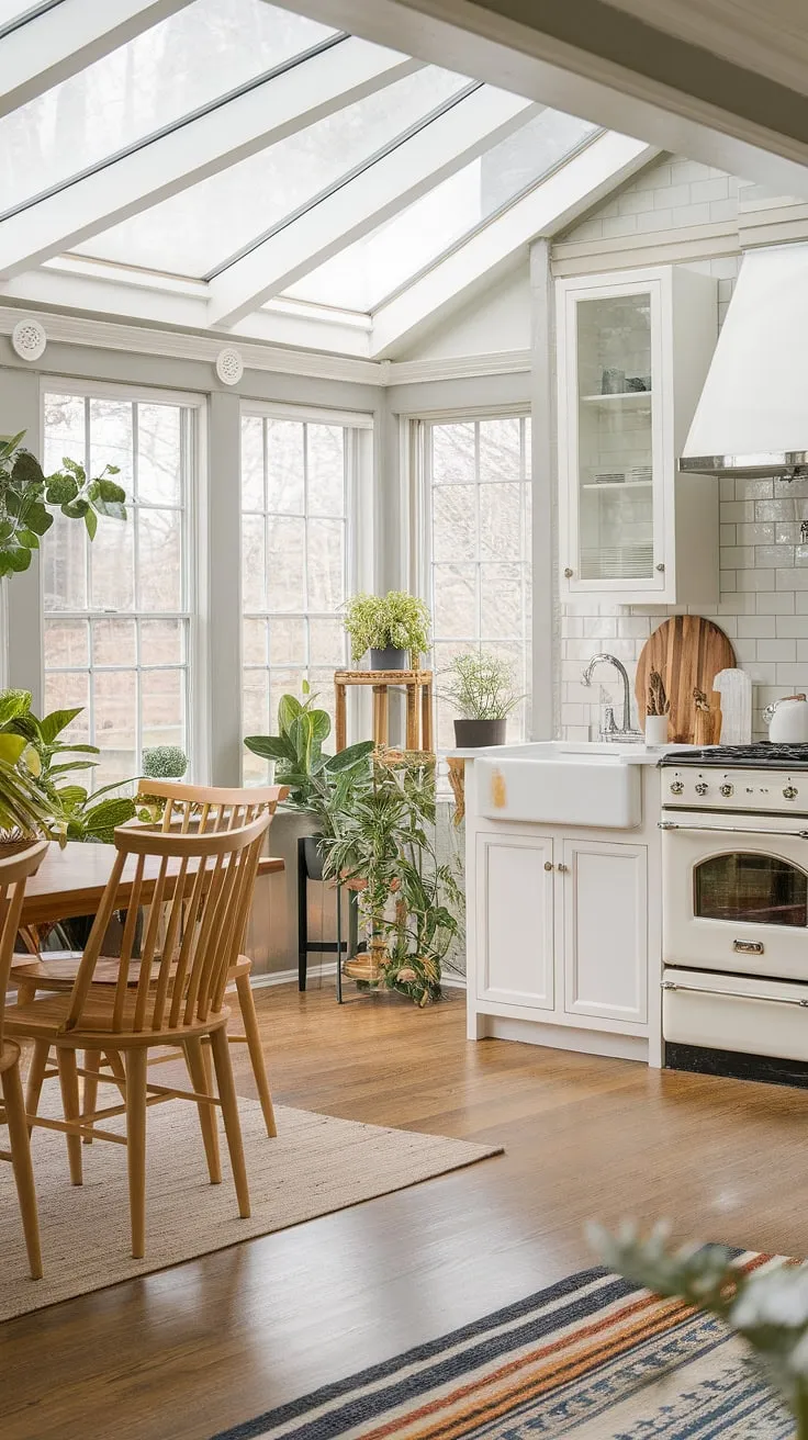 House goals achieved! This sunroom dining room is the epitome of sunroom designs, seamlessly blending a sunroom dining area with a stylish kitchen.  The transitional decor and abundant natural light make this kitchen sunroom the heart of the home, offering inspiring sunroom dining room ideas for anyone looking to create their own tranquil escape.