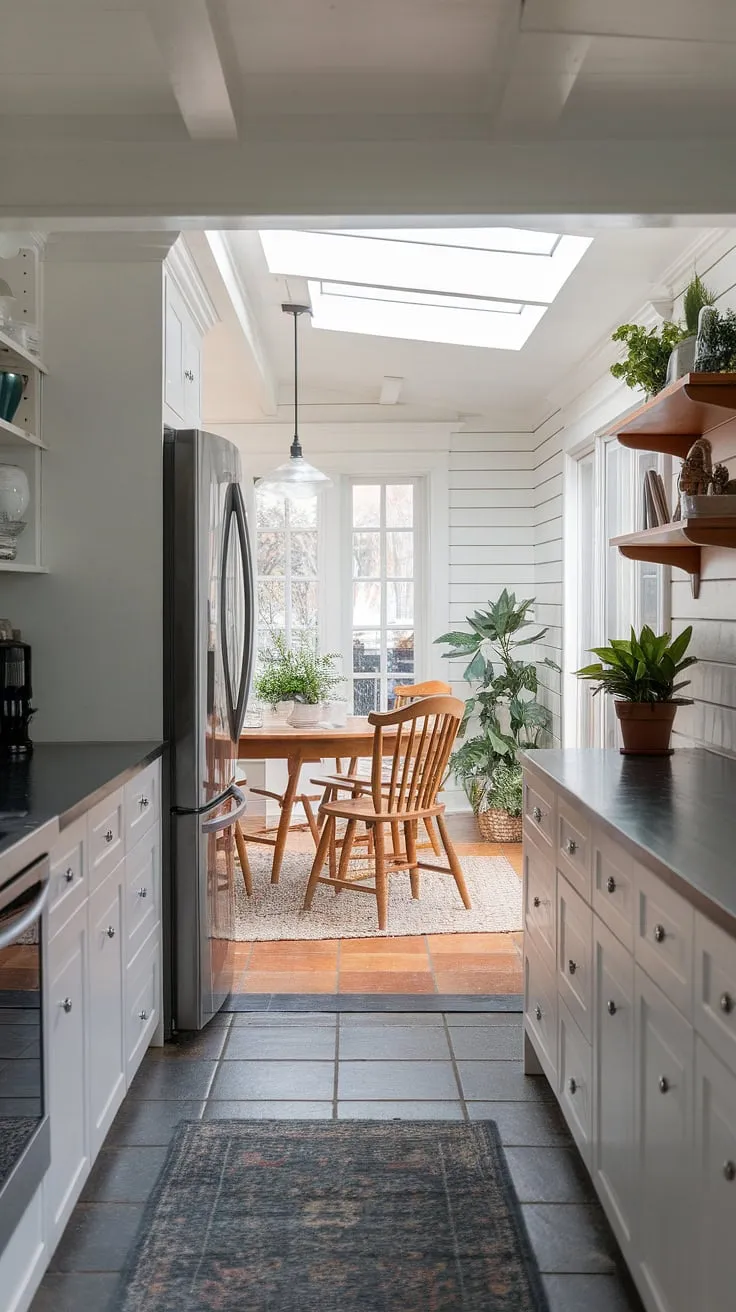 Sunroom dining goals achieved! This stunning sunroom dining area, adjacent to a chic transitional kitchen, is the epitome of sunroom designs.  The combination of white cabinets, black countertops, and a sun-filled sunroom creates a space that's both stylish and inviting, perfect for sunroom dining and embodying the best in sunrooms and sunroom dining room ideas.  House goals, indeed.