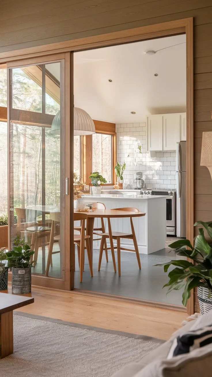 Sunlight streams into this dreamy kitchen sunroom, where transitional decor meets nature's beauty.  The perfect blend of sunroom dining room ideas, this space offers a serene escape and inspires serious house goals.  From sunroom designs to the sunroom dining itself, every detail is thoughtfully curated.