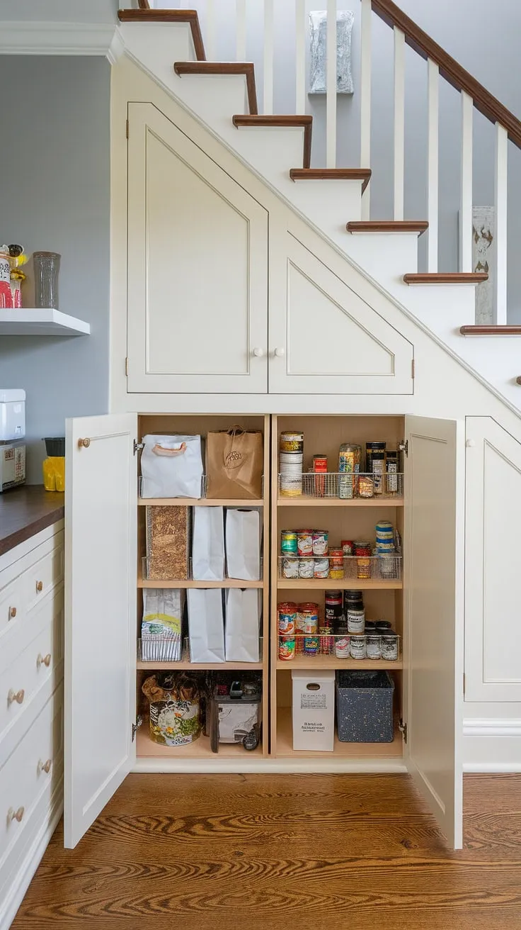 Maximize your kitchen space with this bespoke under stairs storage solution.  This deep under stairs storage, a true pantry below staircase, offers ingenious under stairs pantry ideas and under stairs storage solutions.  Clever pantry organization under stairs keeps everything neatly tucked away, showcasing the potential of under the stairs cabinet ideas and store under stairs ideas.