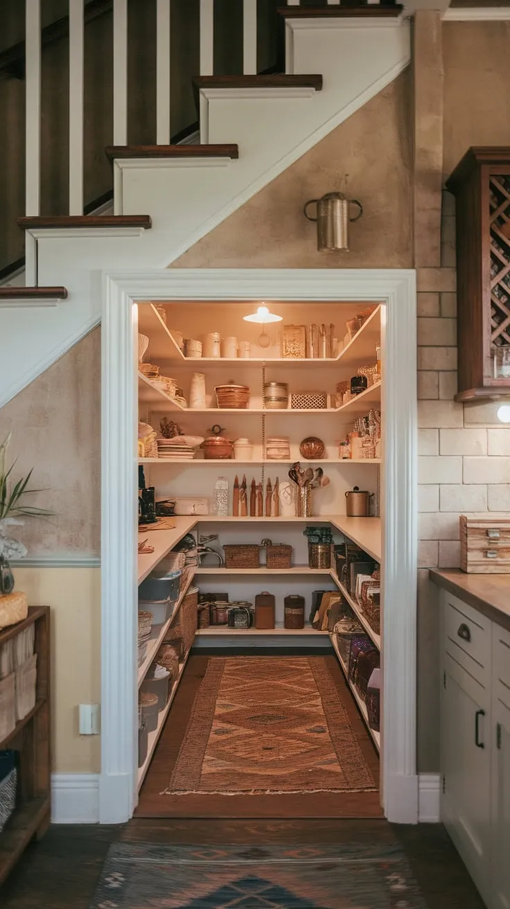 Transforming unused space into a culinary haven! This bespoke under stairs storage solution, a deep pantry below the staircase, offers clever under stairs pantry ideas and practical under stairs storage solutions.  The warm lighting and organized shelves showcase the beauty of pantry organization under stairs, proving that even a pantry below staircase can be a stylish and functional addition to any kitchen.  Explore more under the stairs cabinet ideas and store under stairs ideas for your own space.