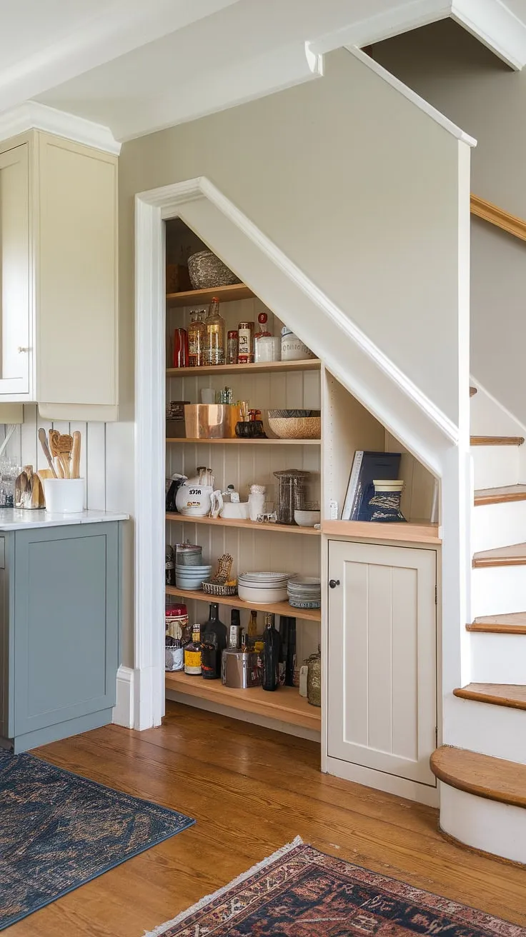 Unleash the potential of your kitchen under stairs with this stunning bespoke under stairs storage area.  From the deep under stairs storage of the pantry to the thoughtfully designed under the stairs cabinet ideas, every detail is considered.  Explore endless under stairs storage solutions and pantry organization under stairs with this inspiring example of efficient space utilization.  This is the epitome of smart store under stairs ideas.