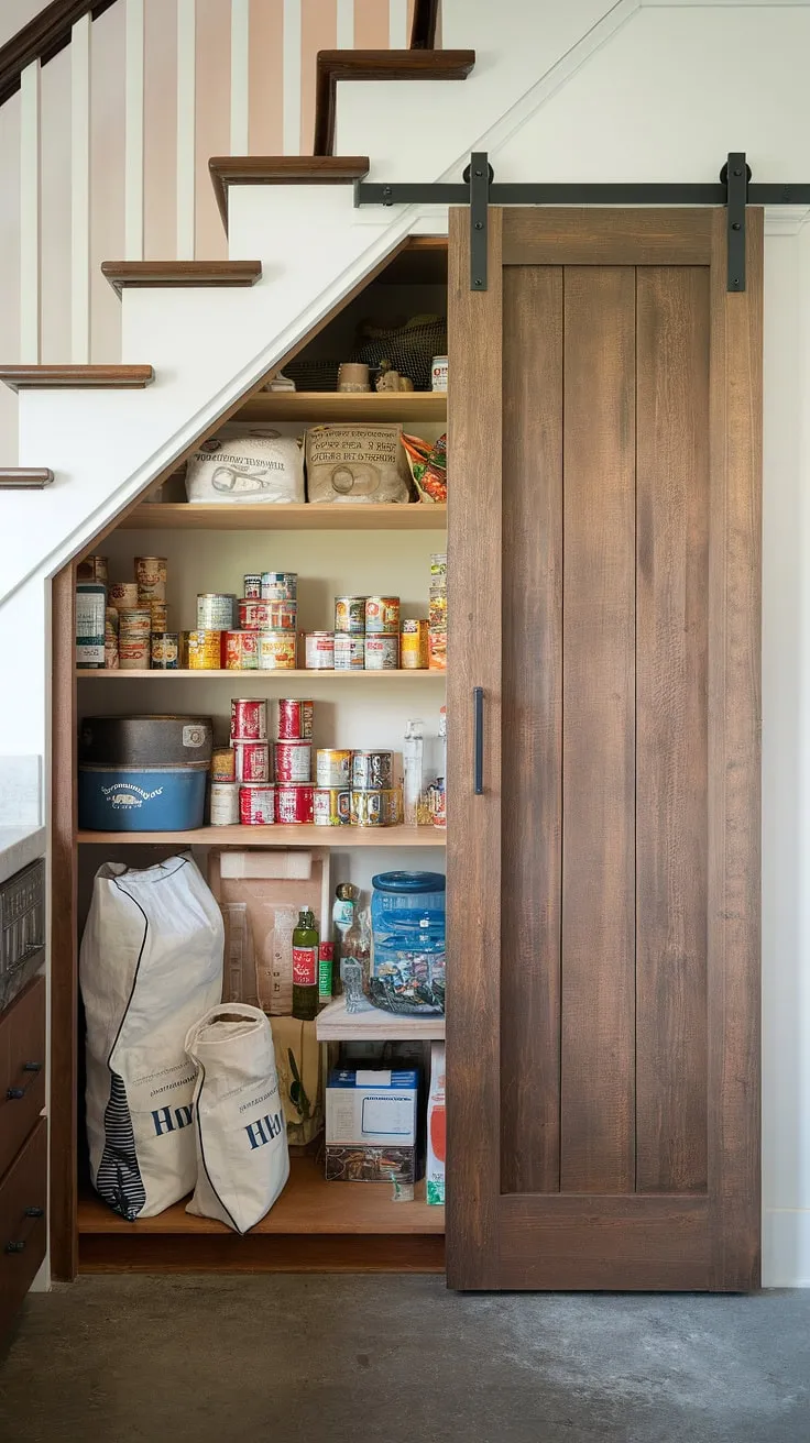 Maximize your space with this bespoke under stairs storage solution.  Clever pantry below staircase design provides deep under stairs storage, perfect for pantry organization under stairs and brimming with under stairs pantry ideas.  This kitchen under stairs marvel offers a wealth of store under stairs ideas, all hidden behind a sleek sliding door.