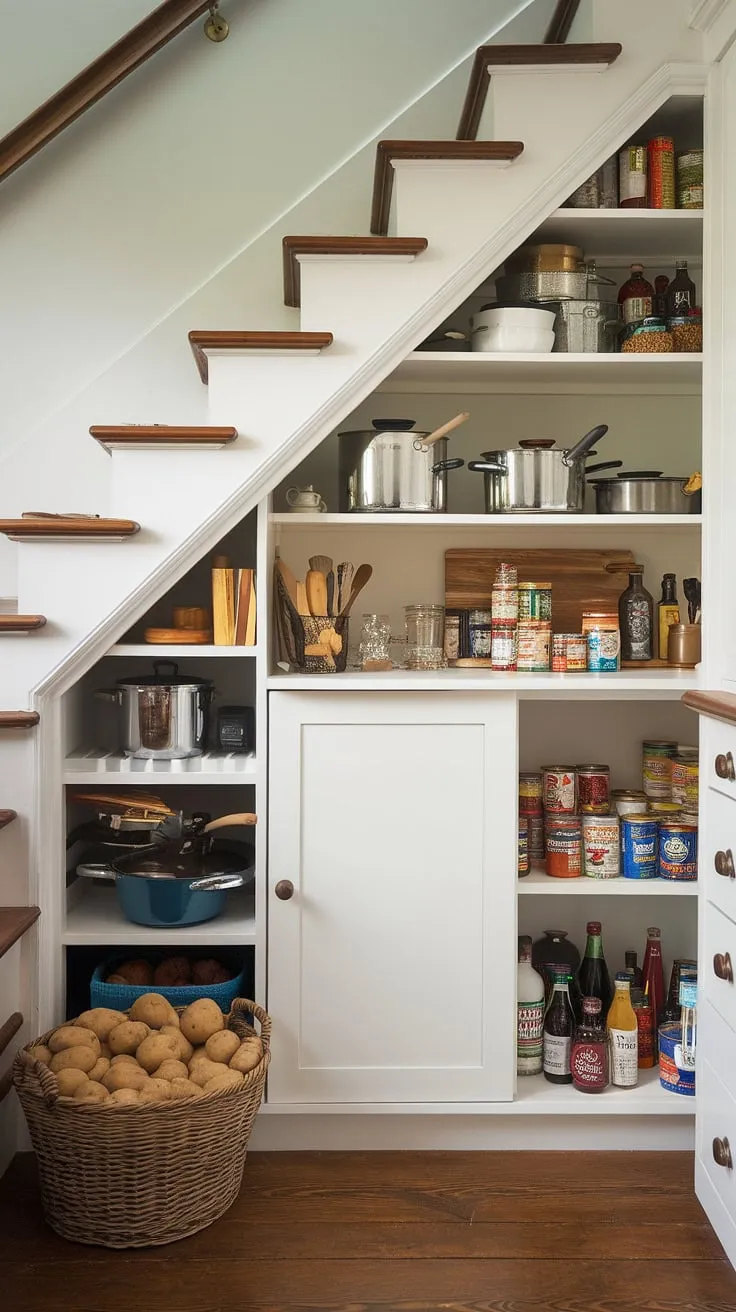 Maximize your kitchen space with this bespoke under stairs storage system.  Clever shelving and a deep under stairs storage cabinet provide the perfect under stairs pantry ideas, offering practical under stairs storage solutions for everything from pots and pans to canned goods.  This pantry below staircase is a testament to efficient pantry organization under stairs, transforming wasted space into a functional and stylish storage area.  Explore more store under stairs ideas and unlock the potential of your under the stairs cabinet ideas.