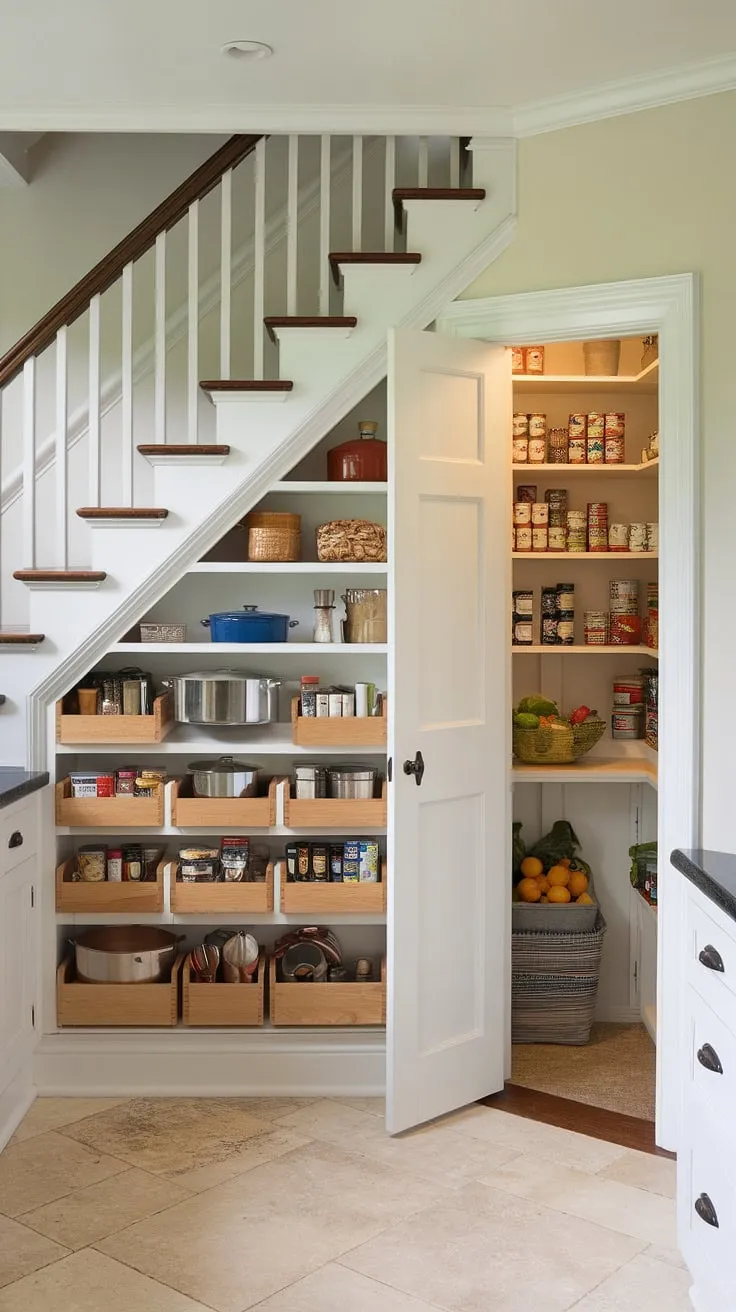 Maximize your kitchen space with this bespoke under stairs storage and pantry.  Clever under stairs storage solutions transform wasted space into a highly organized haven for pots, pans, spices, canned goods, and produce.  Deep under stairs storage provides ample room, while the thoughtful design offers practical pantry organization under stairs.  Brilliant under the stairs cabinet ideas for any home.