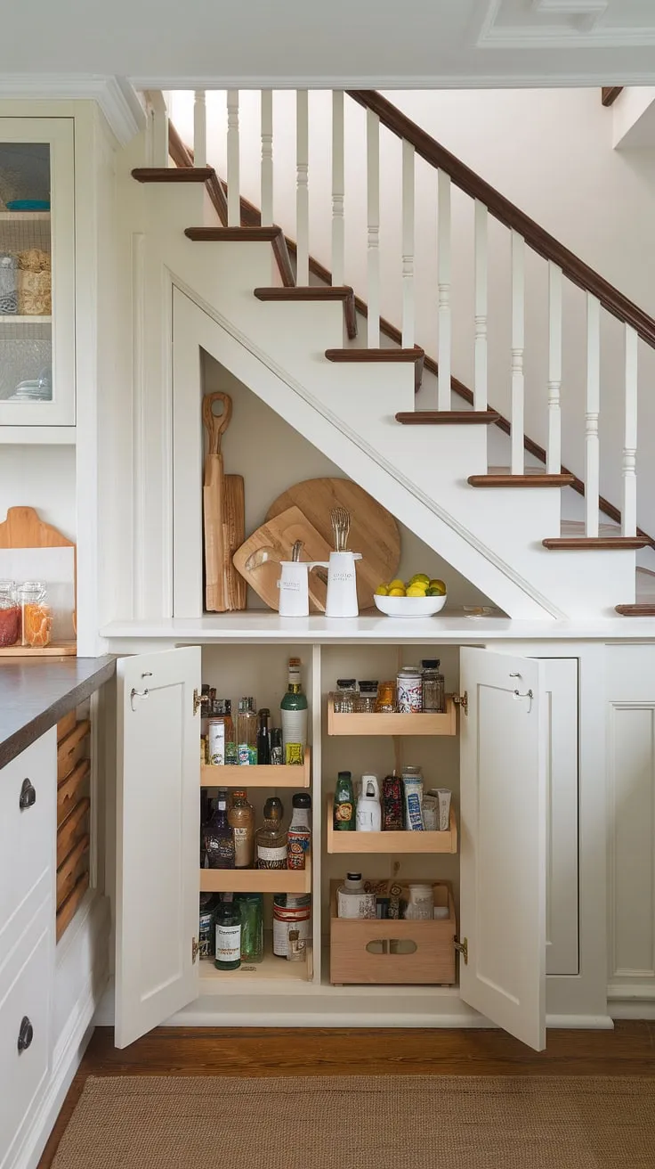 This bespoke under stairs storage is the ultimate under stairs pantry ideas solution!  Deep under stairs storage and thoughtfully designed shelves offer exceptional pantry organization under stairs.  Say goodbye to clutter and hello to efficient under stairs storage solutions in your kitchen under stairs.  Explore creative store under stairs ideas and under the stairs cabinet ideas with this inspiring design.