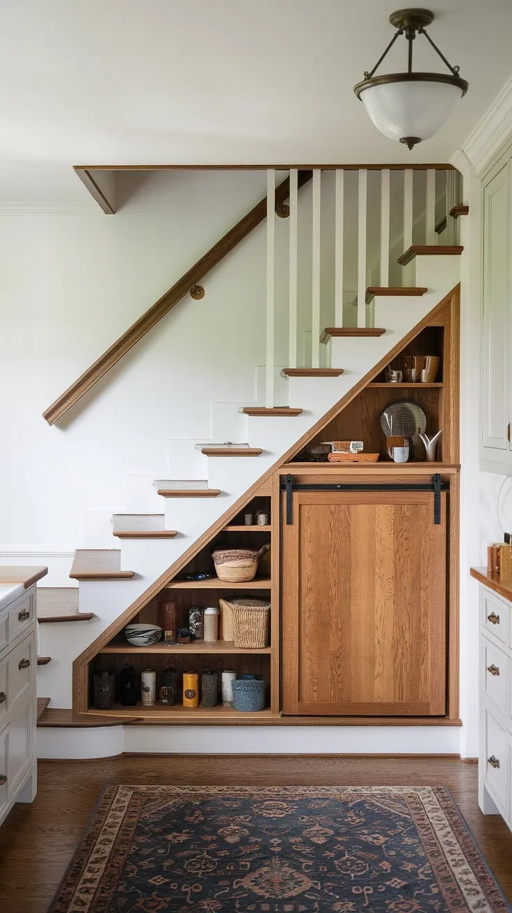 Maximizing space in style: This bespoke under stairs storage solution transforms wasted area into a deep under stairs pantry, perfect for pantry organization under stairs.  Clever under stairs storage solutions like this offer endless under stairs cabinet ideas and are a dream for anyone seeking store under stairs ideas.