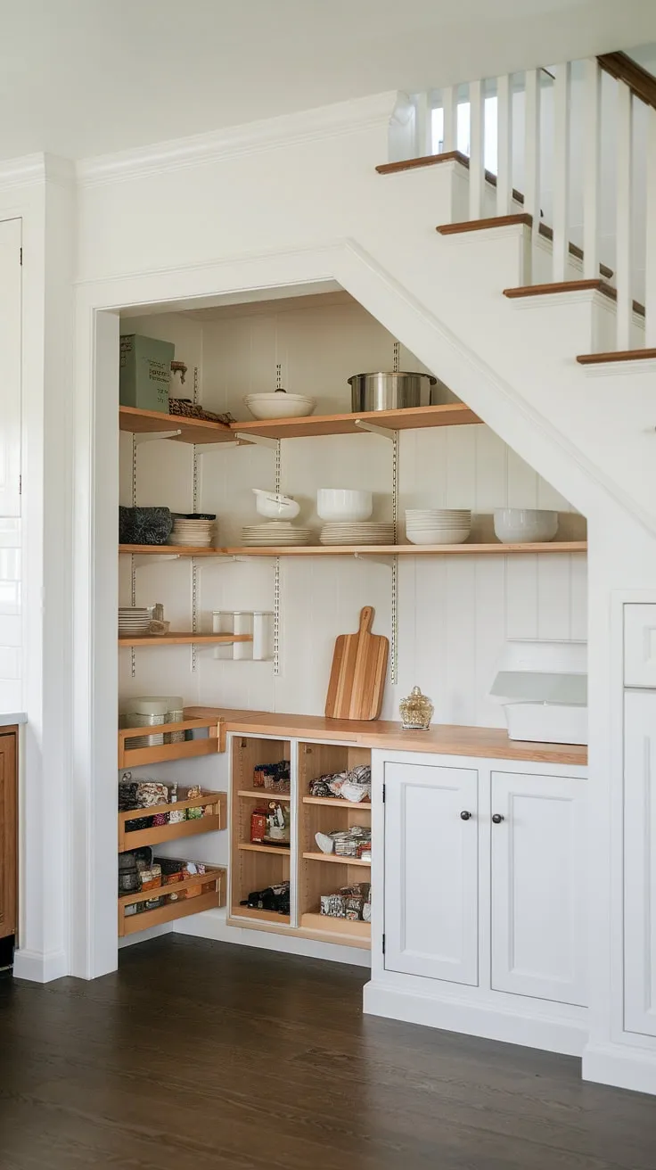 Maximize your kitchen space with this bespoke under stairs storage solution.  A deep pantry and custom cabinetry cleverly utilize the often-wasted space under the stairs, offering ample room for pantry organization under stairs and providing the perfect under stairs pantry ideas.  This stunning example showcases how effective under stairs storage solutions can be, transforming a forgotten corner into a highly functional area.  Explore creative store under stairs ideas and discover the possibilities of a pantry below staircase.