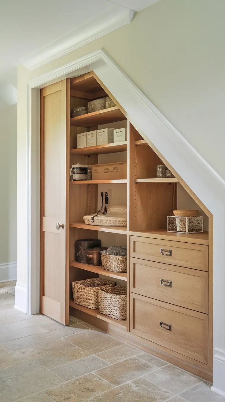Unveiling a hidden gem: a deep under stairs storage pantry, custom-built for ultimate kitchen under stairs organization.  This bespoke under stairs storage boasts ample shelving and drawers, offering smart under stairs storage solutions.  Explore the possibilities of under the stairs cabinet ideas and pantry organization under stairs with this inspiring design.