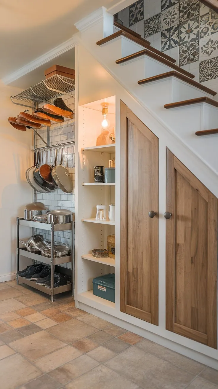 Maximize your kitchen space with this bespoke under stairs storage solution.  Deep under stairs storage, cleverly designed with a built-in cabinet, hanging shoe rack, and pot and pan organizer, transforms wasted space into a highly functional pantry below staircase.  Brilliant under stairs pantry ideas for ultimate pantry organization under stairs.  Explore more store under stairs ideas and under the stairs cabinet ideas for your home.