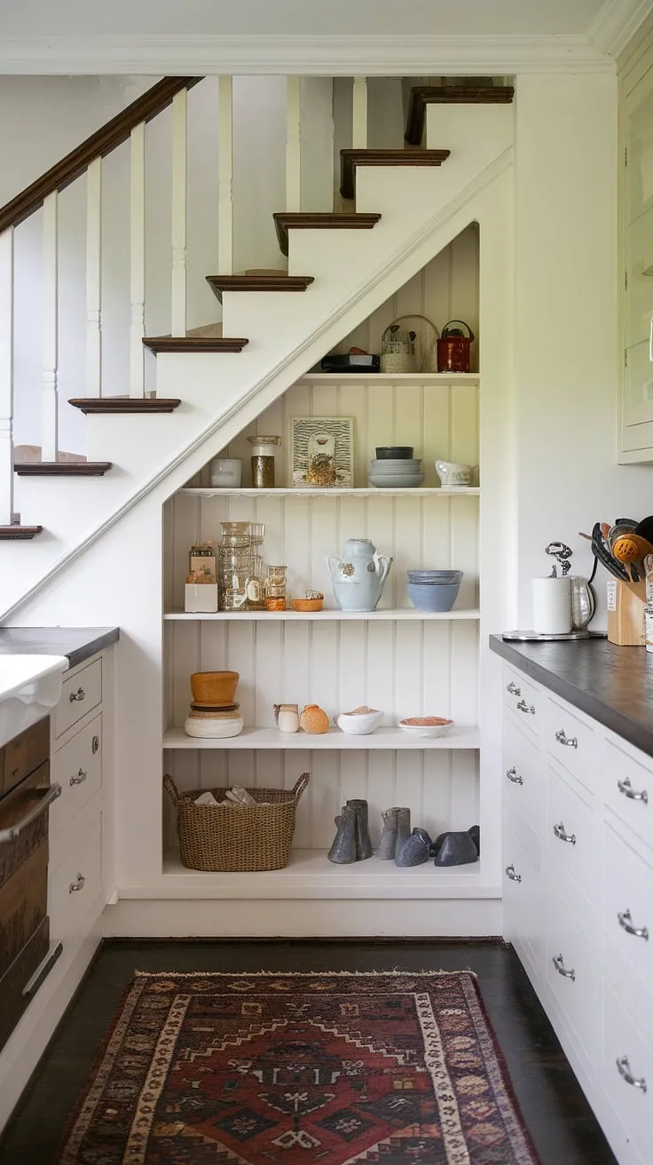 This bright kitchen showcases the beauty of efficient design.  The bespoke under stairs storage, a true under stairs storage solutions marvel, offers deep under stairs storage and clever pantry organization under stairs.  From under the stairs cabinet ideas to maximizing every inch, this kitchen under stairs transformation is inspiring.  Discover more under stairs pantry ideas and store under stairs ideas to enhance your home.
