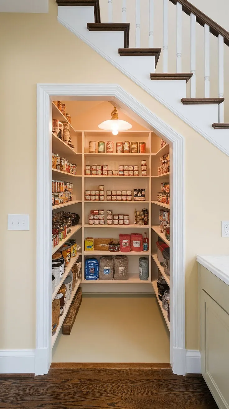 Maximize your kitchen space with this bespoke under stairs storage solution.  Clever pantry below staircase design provides deep under stairs storage, perfect for pantry organization under stairs and brimming with under stairs pantry ideas.  This under stairs cabinet ideas solution transforms wasted space into efficient under the stairs storage solutions.