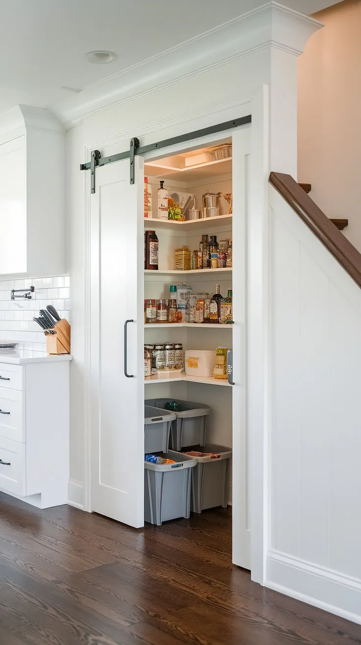 Maximize your space with this bespoke under stairs storage solution.  This deep under stairs pantry, cleverly tucked away below the staircase, offers ample room for pantry organization under stairs and provides brilliant under stairs storage solutions.  Think of the under stairs cabinet ideas you can explore!  From clever pantry below staircase designs to ingenious store under stairs ideas, this kitchen under stairs marvel is the epitome of efficient under stairs pantry ideas.