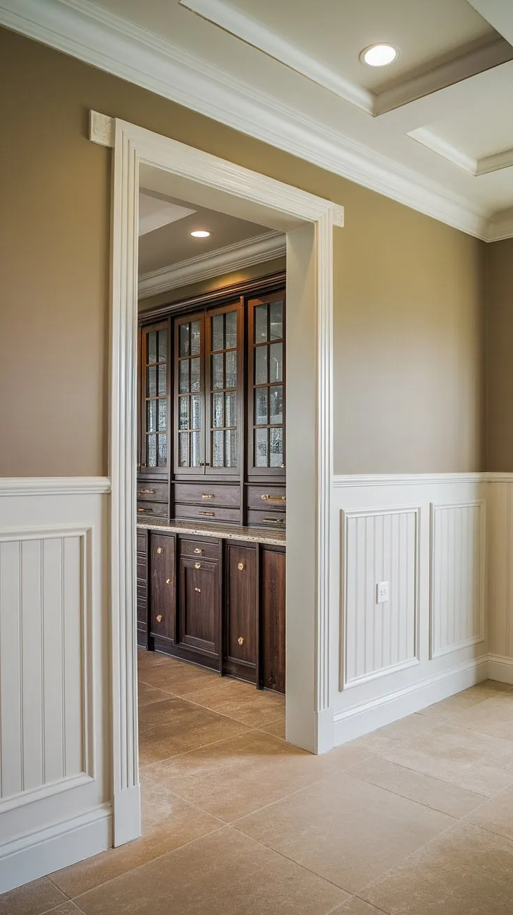 The crisp white wainscoting against the warm beige walls creates a stunning focal point in this kitchen.  Considering a DIY wainscoting project? This image showcases how to wainscot a wall, including tips on wainscoting spacing and the elegant effect of extending it around doorways.  Discover how to install wainscoting, perfect for kitchens, entryways, and hallways, and even learn how to hang art over wainscoting to complete the look.