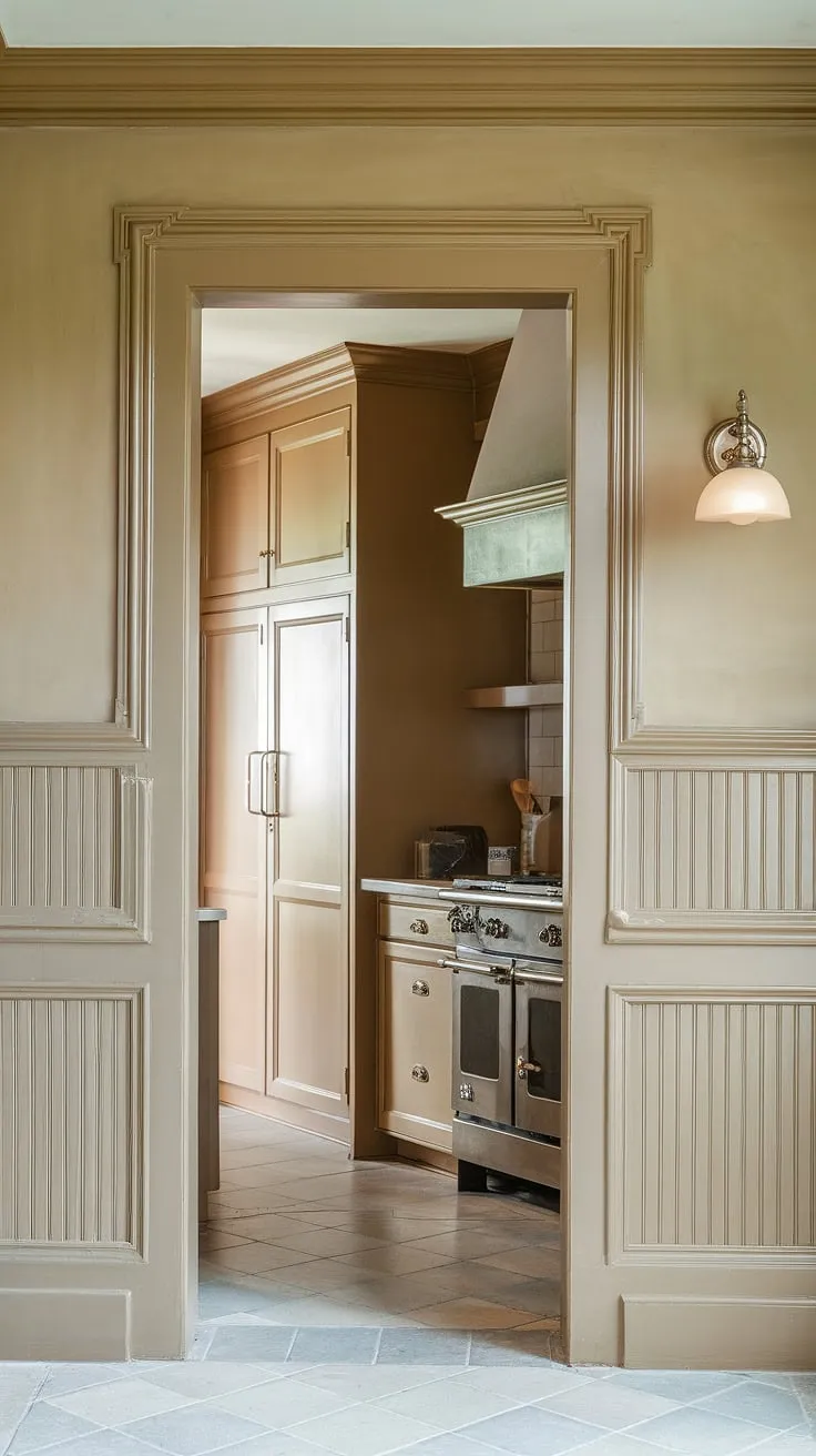 The warm beige walls and tiled floor are beautifully complemented by the full-height kitchen wainscoting.  Thinking of adding wainscoting to your own home?  This image showcases a DIY wainscoting project, demonstrating how to wainscot a wall, including tips on wainscoting spacing and wainscoting around doorways.  Find inspiration for your own DIY wainscoting entryway or hallway, and learn how to hang art over wainscoting for a polished finish.