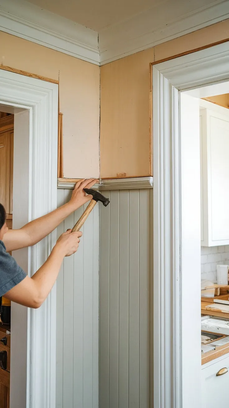 Transforming this kitchen with DIY wainscoting!  Learn how to install wainscoting around doorways, achieving perfect wainscoting spacing for a polished look.  This how-to wainscot a wall project is perfect for entryways and hallways too.  Once complete, I'll show you how to hang art over wainscoting to finish the space.