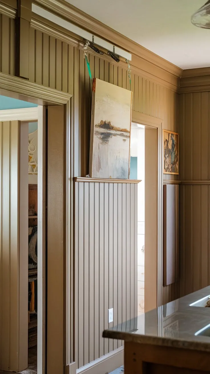 Transforming this kitchen with DIY wainscoting!  Learn how to install wainscoting, including how to wainscot a wall and create a stunning wainscoting around doorways.  See how we achieved the perfect wainscoting spacing and even tackled a DIY wainscoting entryway and hallway.  And check out our tips on how to hang art over wainscoting for the finishing touch. This project shows you how to achieve a warm and inviting space with this classic detail.