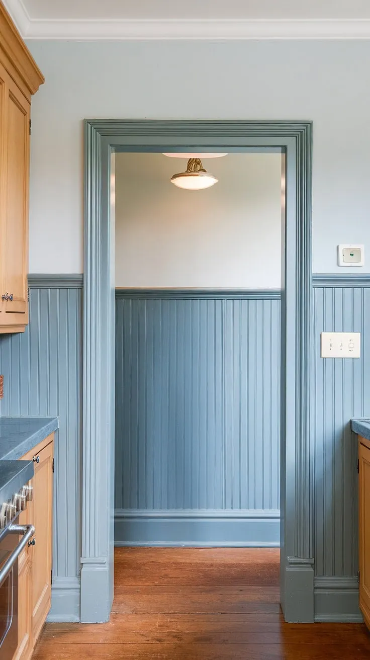 This light blue kitchen is elevated by the classic charm of wainscoting.  See how we seamlessly integrated the wainscoting around doorways and continued it into the hallway for a cohesive design.  From figuring out wainscoting spacing to mastering the art of how to wainscot a wall, this DIY wainscoting project is a testament to the beauty of DIY wainscoting.  Explore our guide on how to install wainscoting and discover how to hang art over wainscoting to perfectly finish your space.  This DIY wainscoting entryway and DIY wainscoting hallway transformation is proof that even the most ambitious projects are achievable.