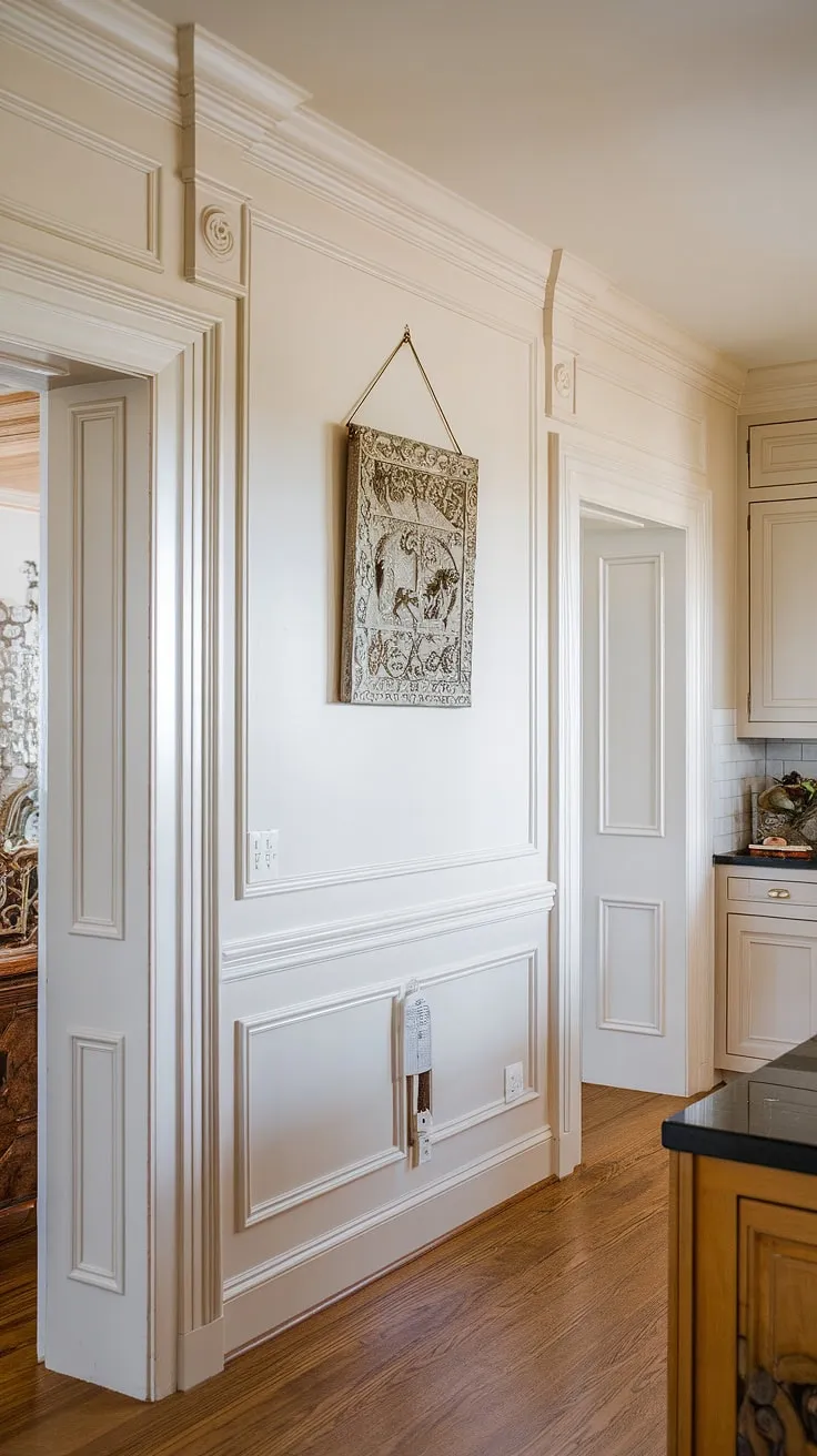 This kitchen's charm is elevated by the classic elegance of white wainscoting, perfectly framing the doorways and adding architectural detail to the walls.  Learn how to install wainscoting yourself with a DIY approach, mastering wainscoting spacing and techniques for wainscoting around doorways, even in hallways and entryways.  See how we artfully hung the piece above the wainscoting, completing the look.  Discover how to wainscot a wall and transform your own space.