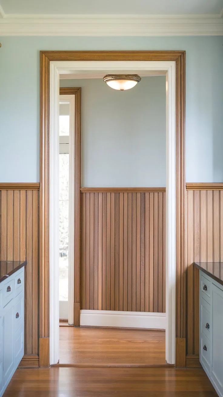 The light blue walls above the warm wood wainscoting create a serene kitchen atmosphere.  Thinking of adding wainscoting to your own space?  This DIY wainscoting project shows how to wainscot a wall, including tips on wainscoting spacing and wainscoting around doorways.  Perfect for a DIY wainscoting entryway or hallway, and don't forget to check out our guide on how to hang art over wainscoting for the finishing touch.
