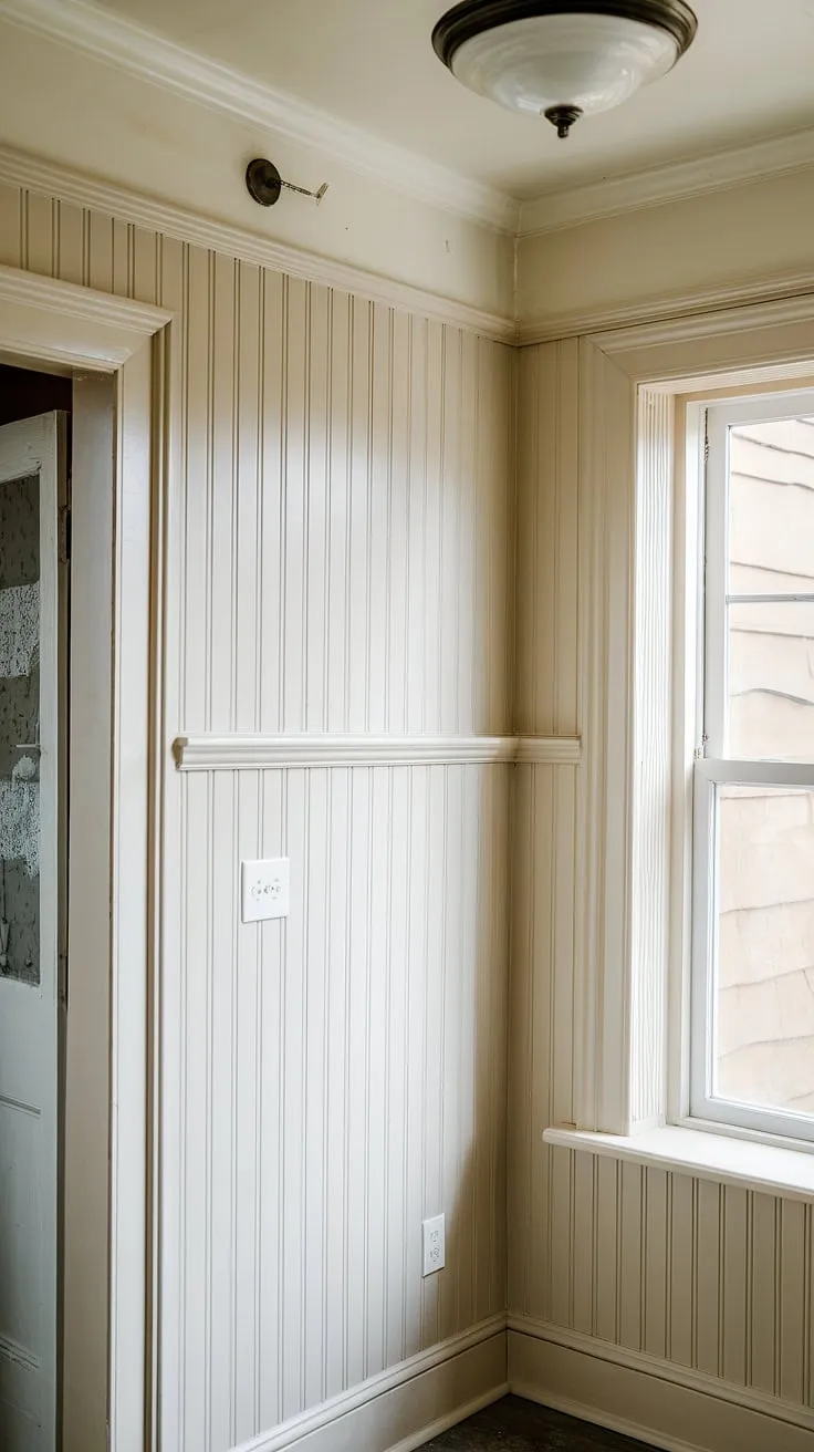 This kitchen's charming wainscoting, installed from floor to window, showcases how to wainscot a wall and seamlessly incorporate wainscoting around doorways.  The 4-inch spacing between the paneling and ceiling adds a touch of elegance.  Learn how to install wainscoting and create this DIY wainscoting entryway or even a DIY wainscoting hallway yourself!  And for the finishing touch, discover how to hang art over wainscoting to complete the look.