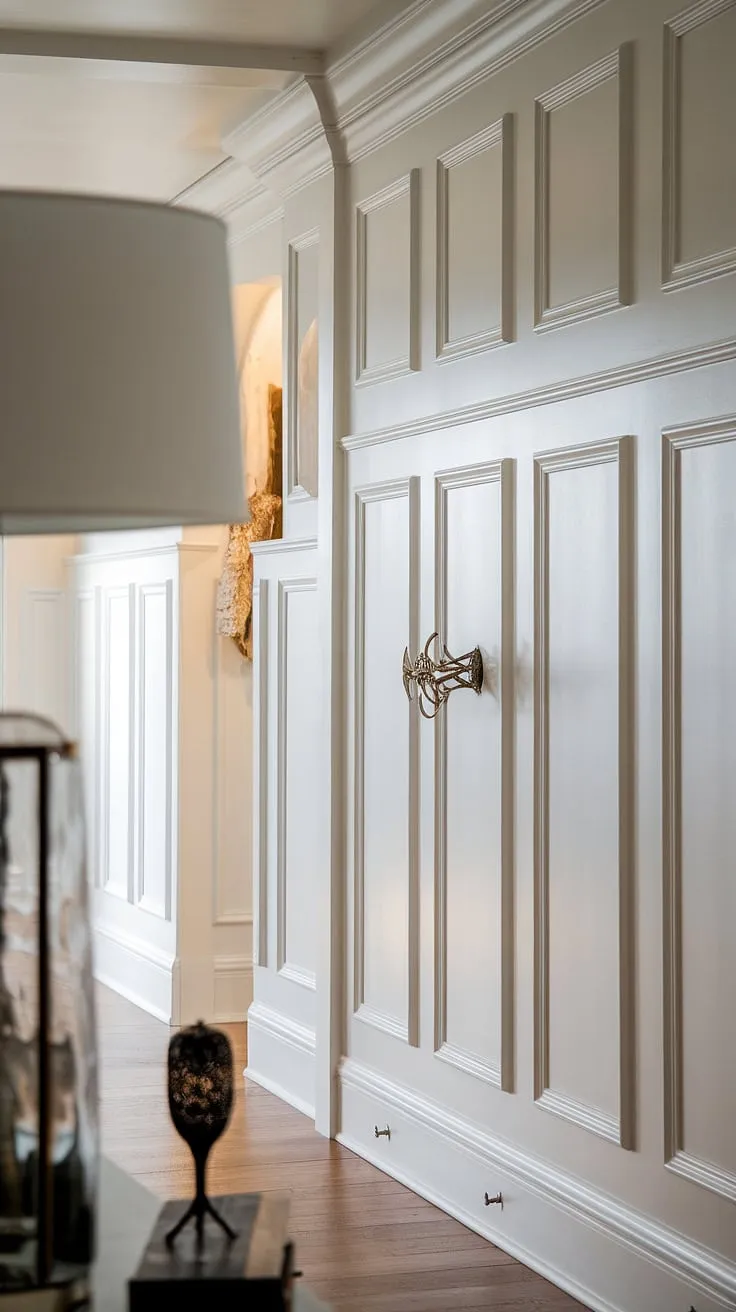 The soft lighting highlights the elegant detail of this DIY wainscoting hallway.  This project showcases how to wainscot a wall beautifully, including the clever solution for wainscoting around doorways.  The white kitchen wainscoting, extending from floor to ceiling, is a striking feature.  Notice the subtle nail holes—perfect for showcasing your art collection!  Find inspiration for your own DIY wainscoting entryway and learn more about wainscoting spacing and how to install wainscoting.  And don't forget how to hang art over wainscoting to finish the design.