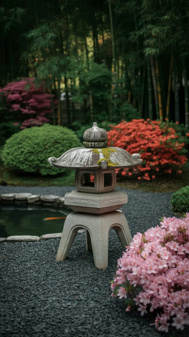 Moss-Lit Stone Lantern Amid Azaleas in a Tranquil Zen Garden