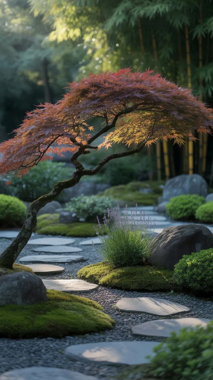 Crimson Maple Arching Over a Mossy Stone Pathway