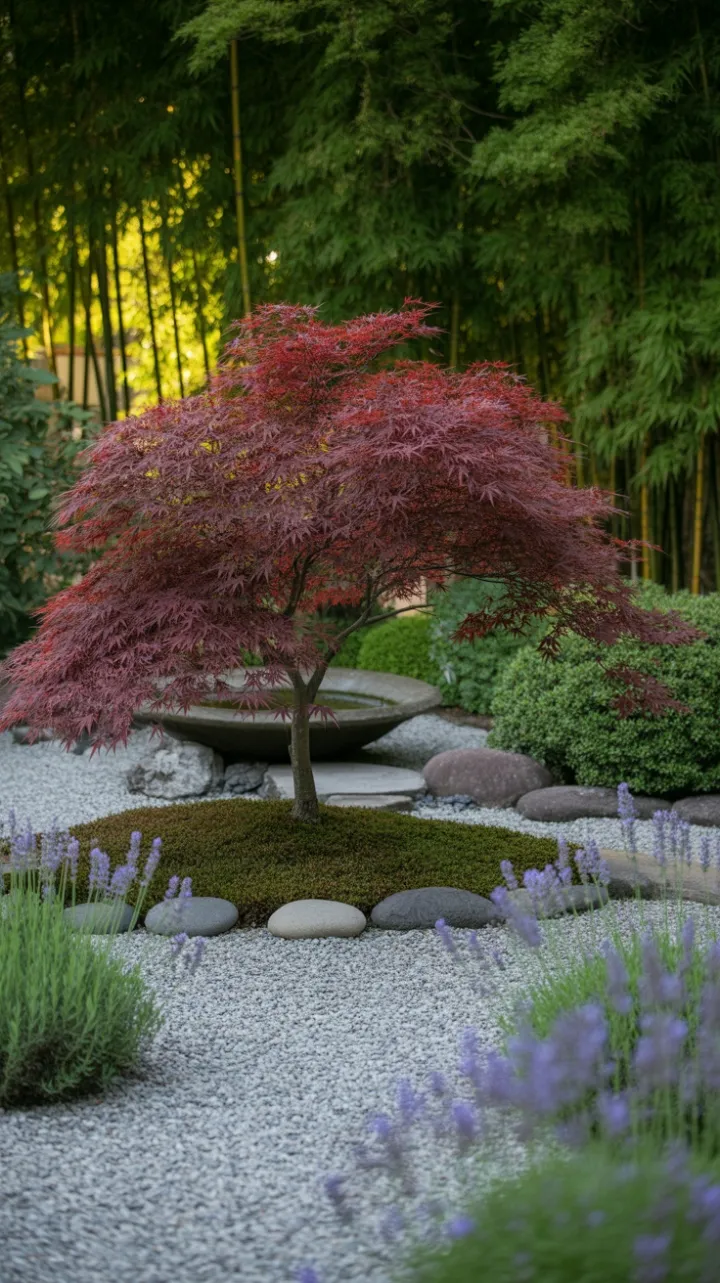 Crimson Canopy Over a Lavender Path to the Bamboo Fountain