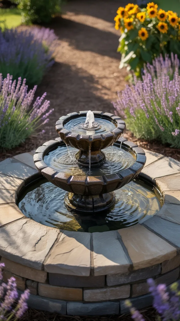 Lavender and Sunflower Oasis Around a Tiered Stone Fountain