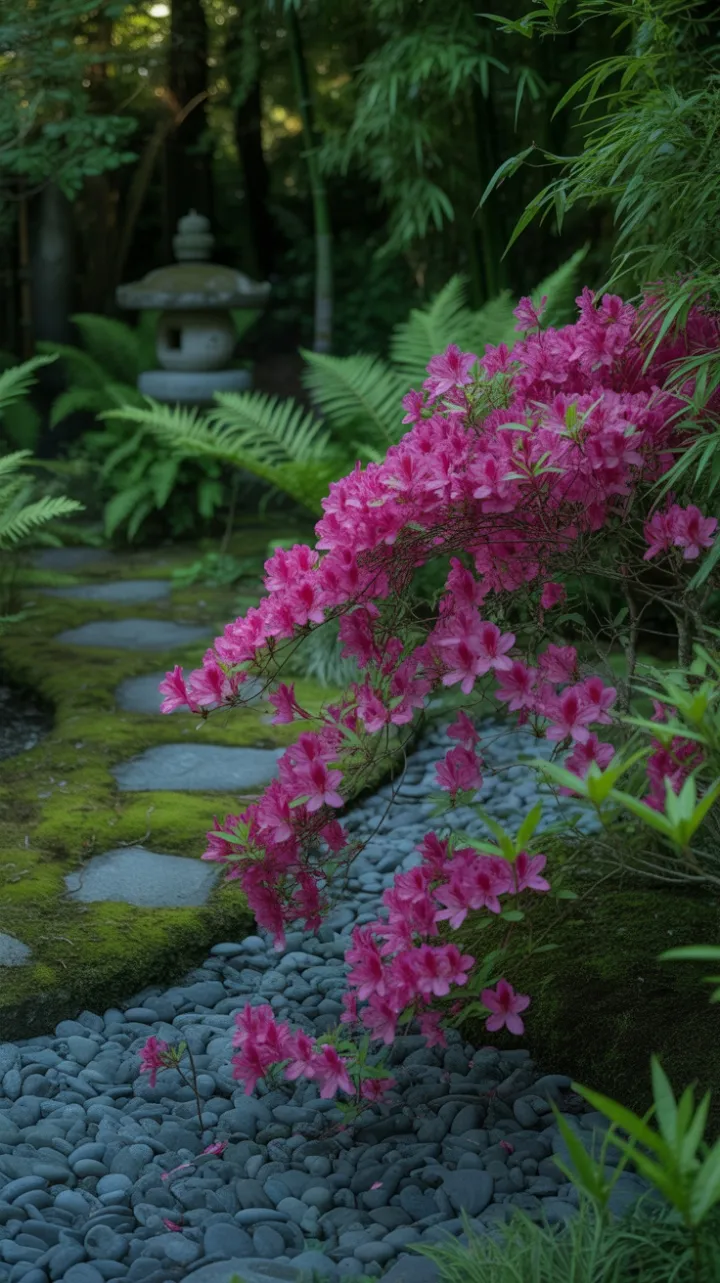 Magenta Cascade in a Moss‑Covered Japanese Garden