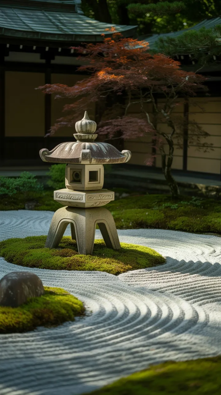 Zen Lantern Amid Raked Gravel and Crimson Maple