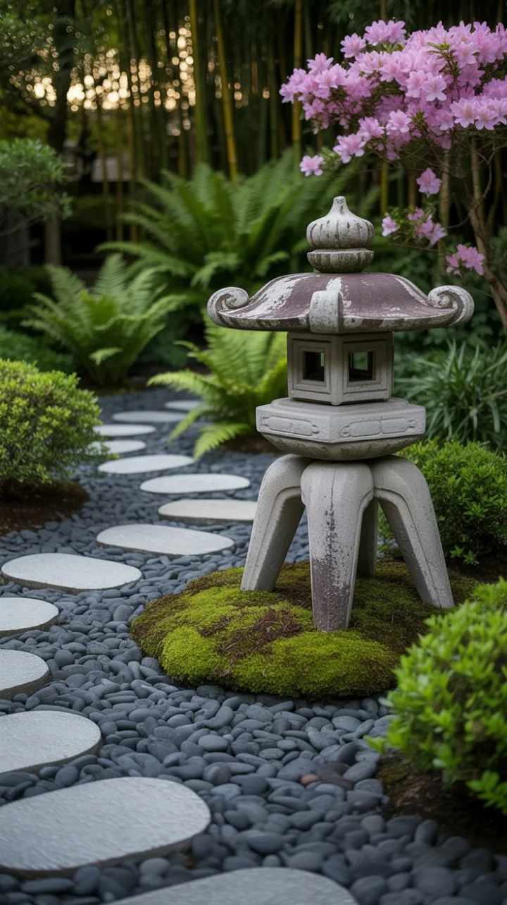 Moss-Cloaked Stone Lantern on a Winding Granite Path