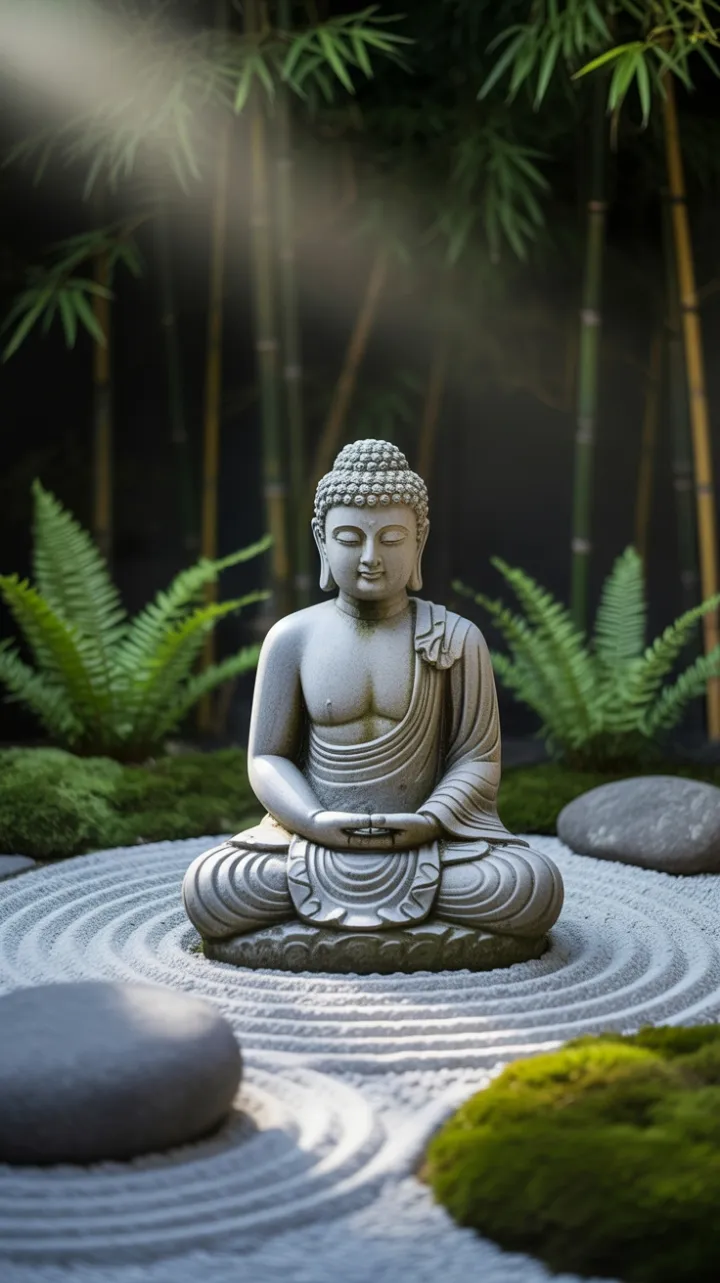Moss-Kissed Granite Buddha in a Morning Zen Garden