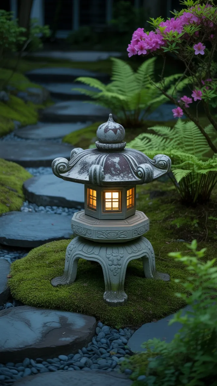 Twilight Stone Lantern in a Mossy Japanese Garden