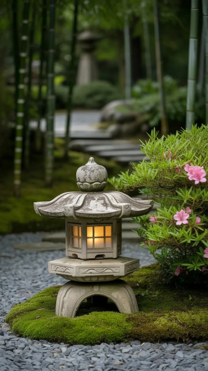 Glowing Stone Lantern in a Mossed Azalea Garden