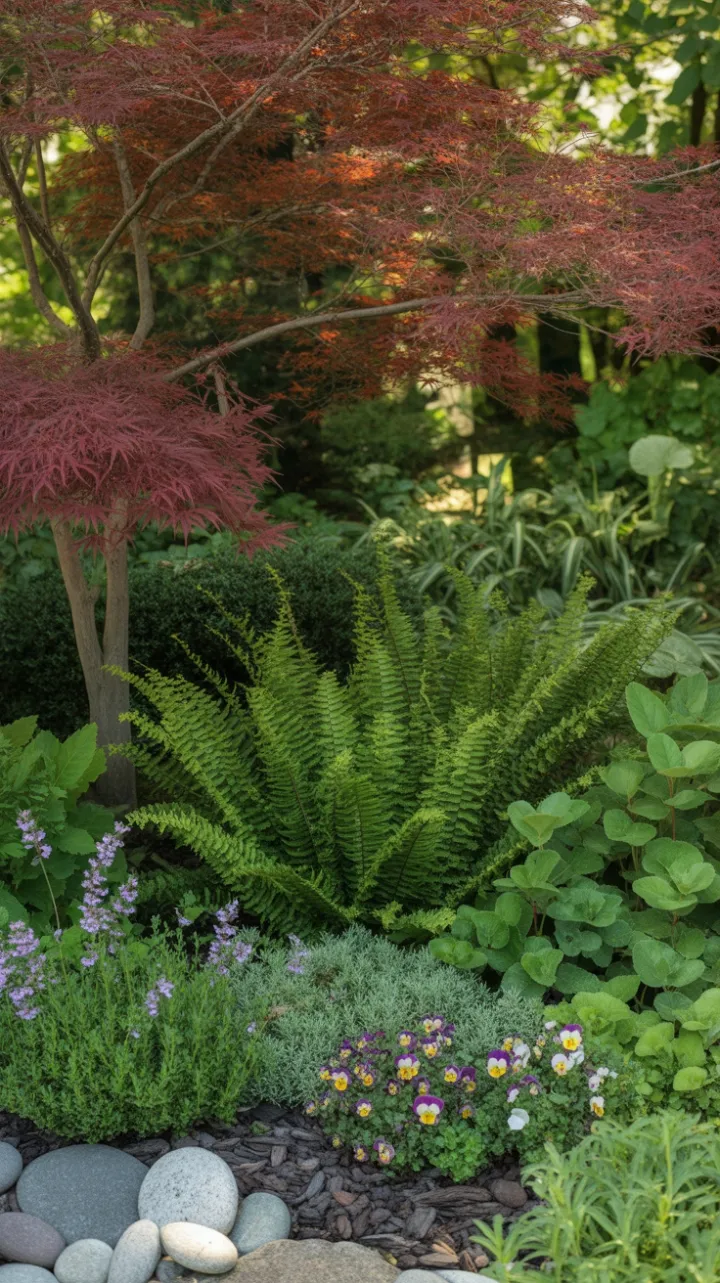 Sunlit Crimson Maple Cascading Over a Tapestry of Ferns, Lavender, and River Stones