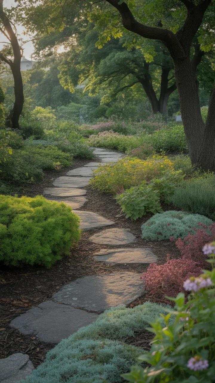 Winding Garden Path Bathed in Dappled Sunlight