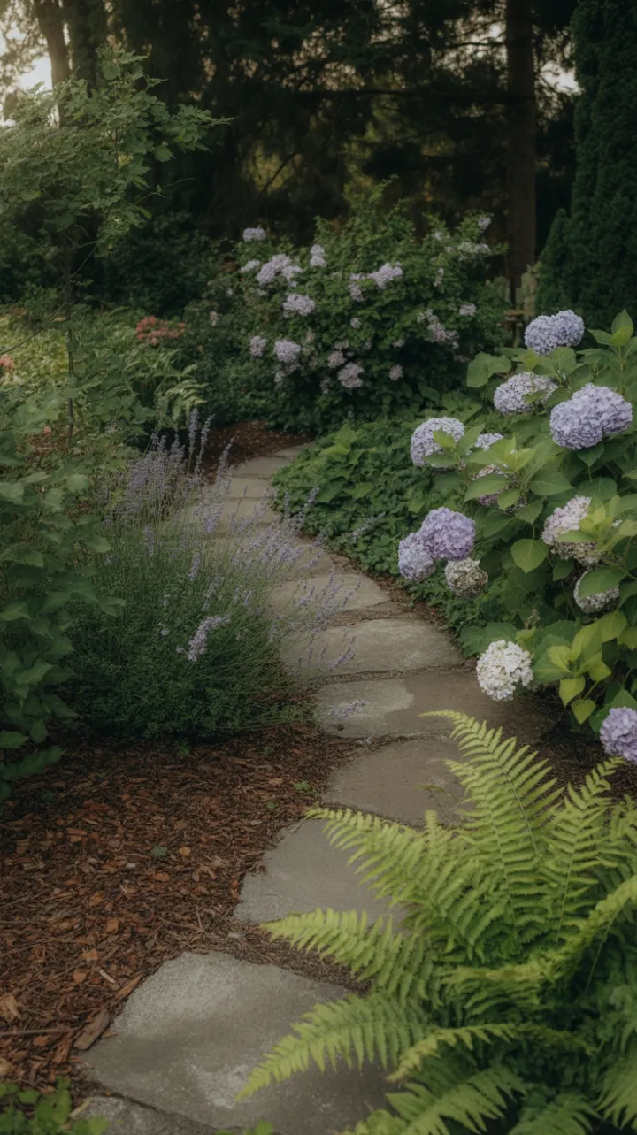 Serene Stone Pathway Through Lavender and Dappled Light