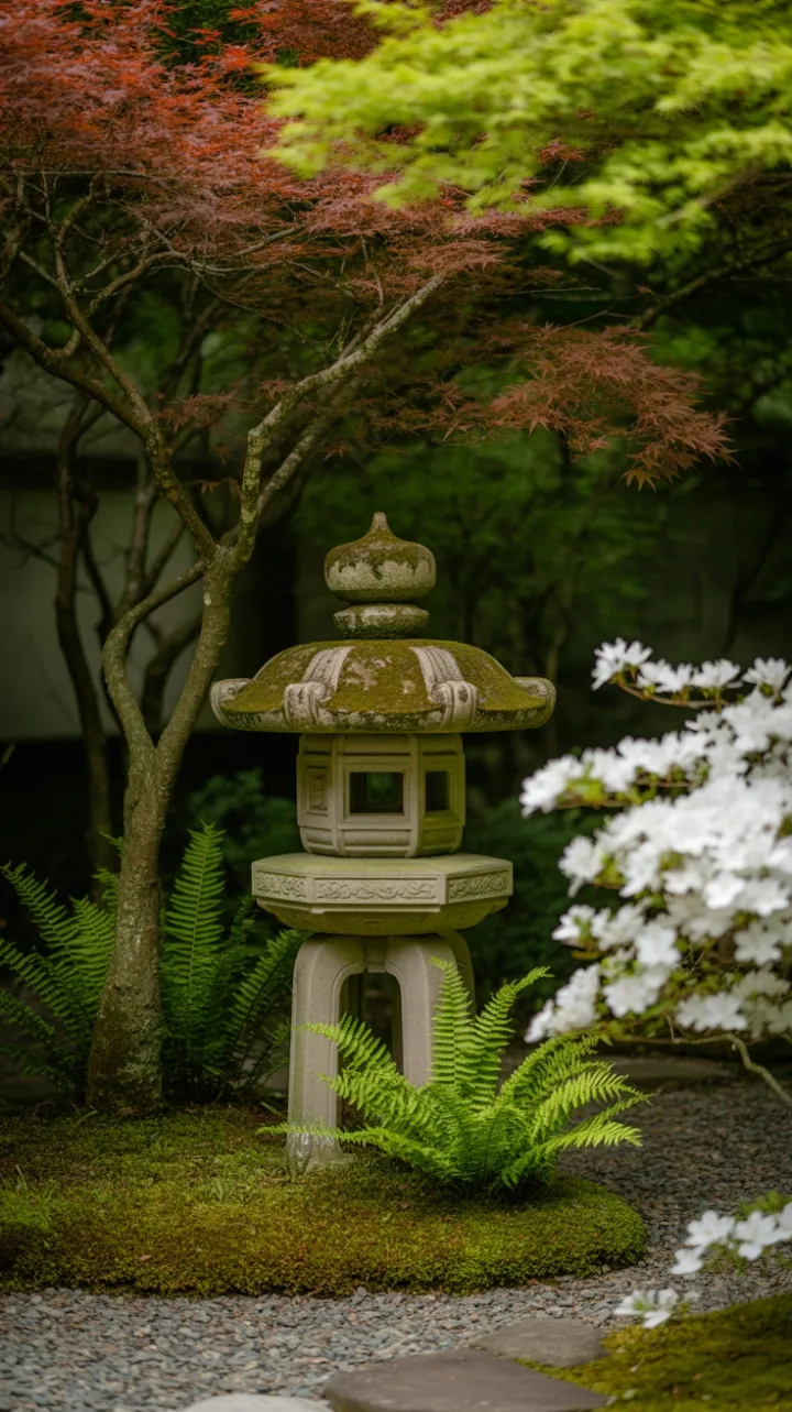 Moss-Cloaked Lantern Amid Crimson Maple and Azalea Snow