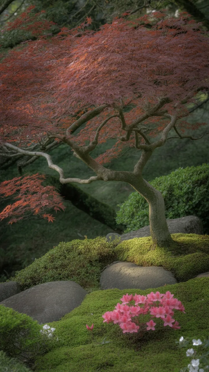 Crimson Bonsai Over Grey Stone in a Tranquil Japanese Garden