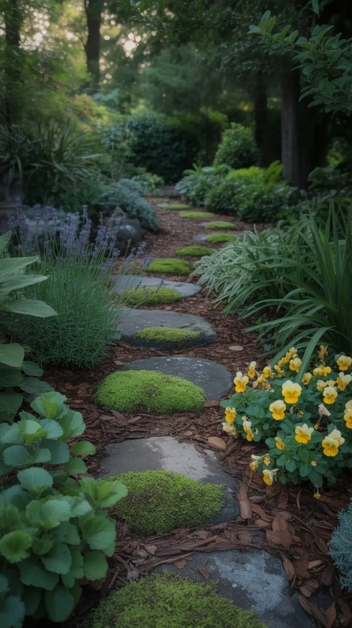 Moss-Kissed Stone Path Through Lavender and Dappled Light