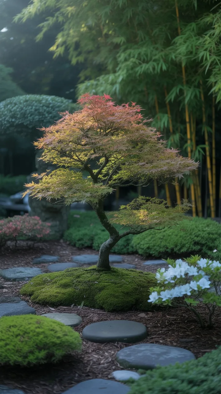 Quiet Dance of the Bonsai Maple in a Bamboo-lit Garden
