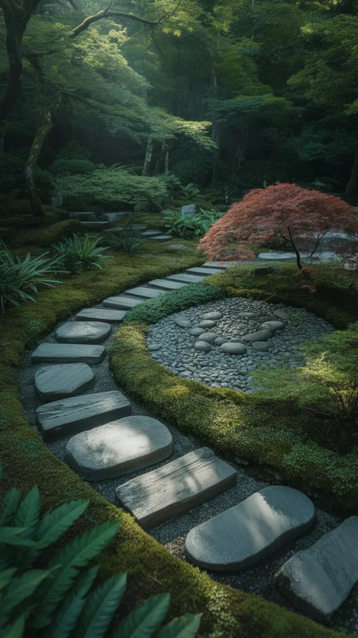 Mossed Stone Path Through a Forest of Fiery Maples