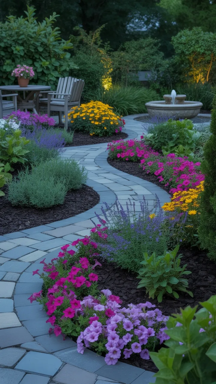 Twilight Garden Walkway Lined with Petunias Lavender and Marigolds