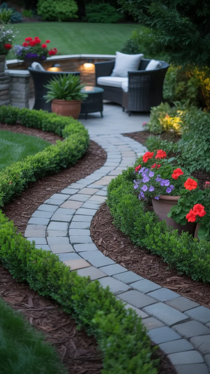 Twilight Garden Pathway Leading to a Cozy Wicker Oasis