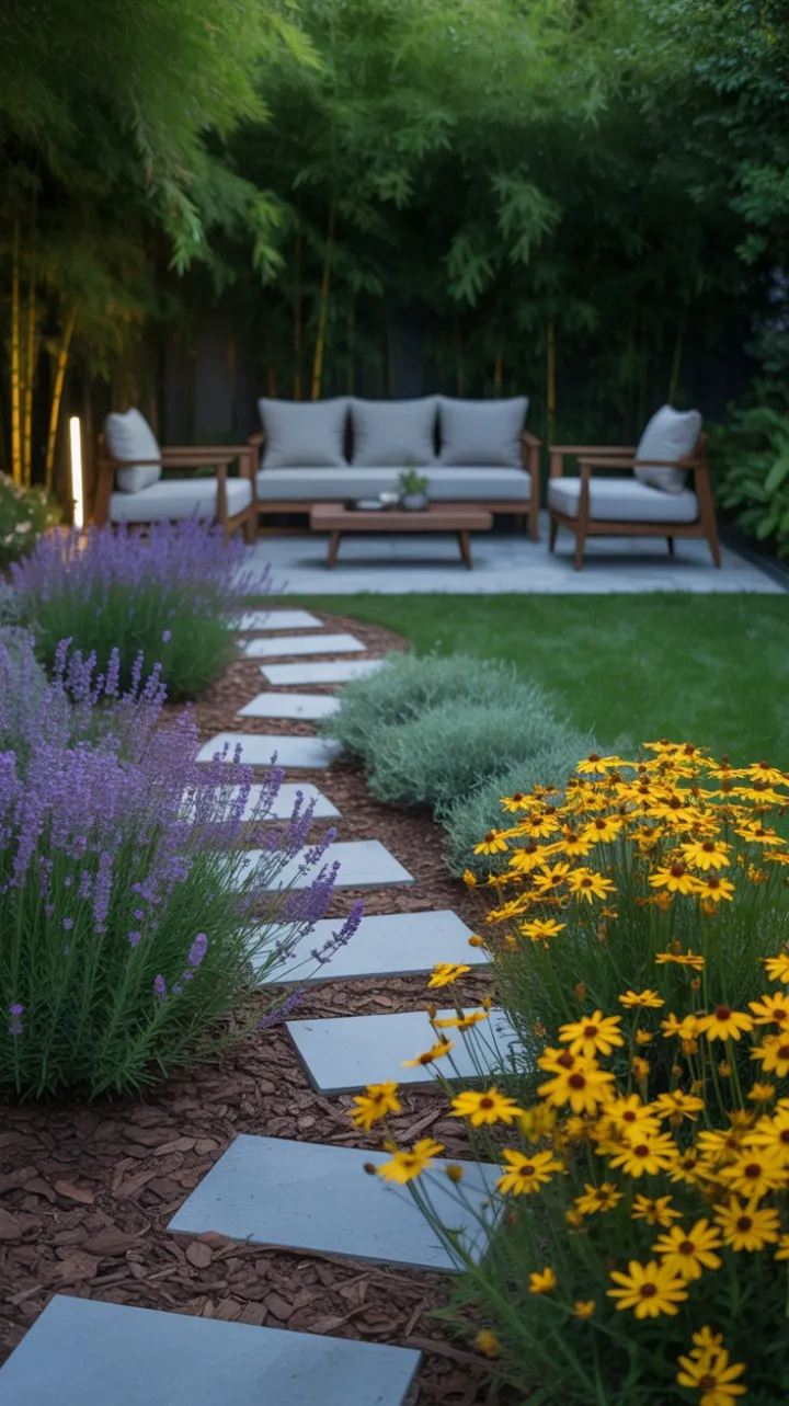 Lavender Pathway to a Bamboo-Lined Modern Patio