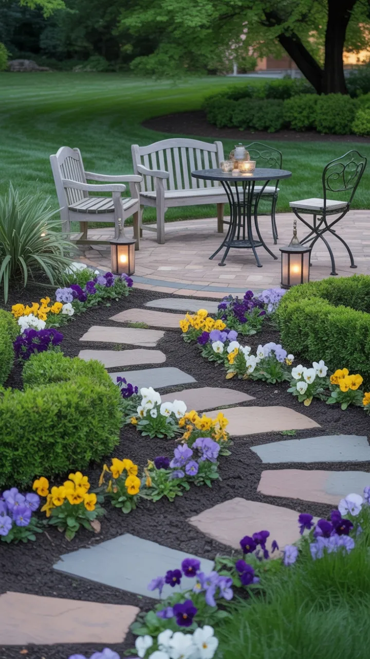 Twilight Garden Retreat Along a Winding Pansy-Lined Path